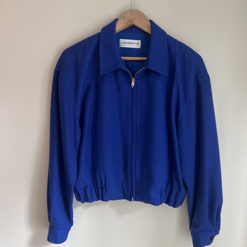 GIACCA BOMBER VINTAGE blu LIZ CLAIBORNE donna anni 80 RETRO 100% lana - Foto 1 di 10