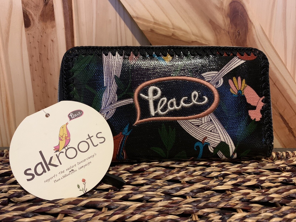 SAKROOTS Wristlet Zip Wallet Clutch Floral Birds Peace