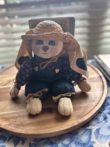 Handmade Country Farmhouse Cloth Bunny Doll – Straw Hat, Overalls, Rustic Decor
