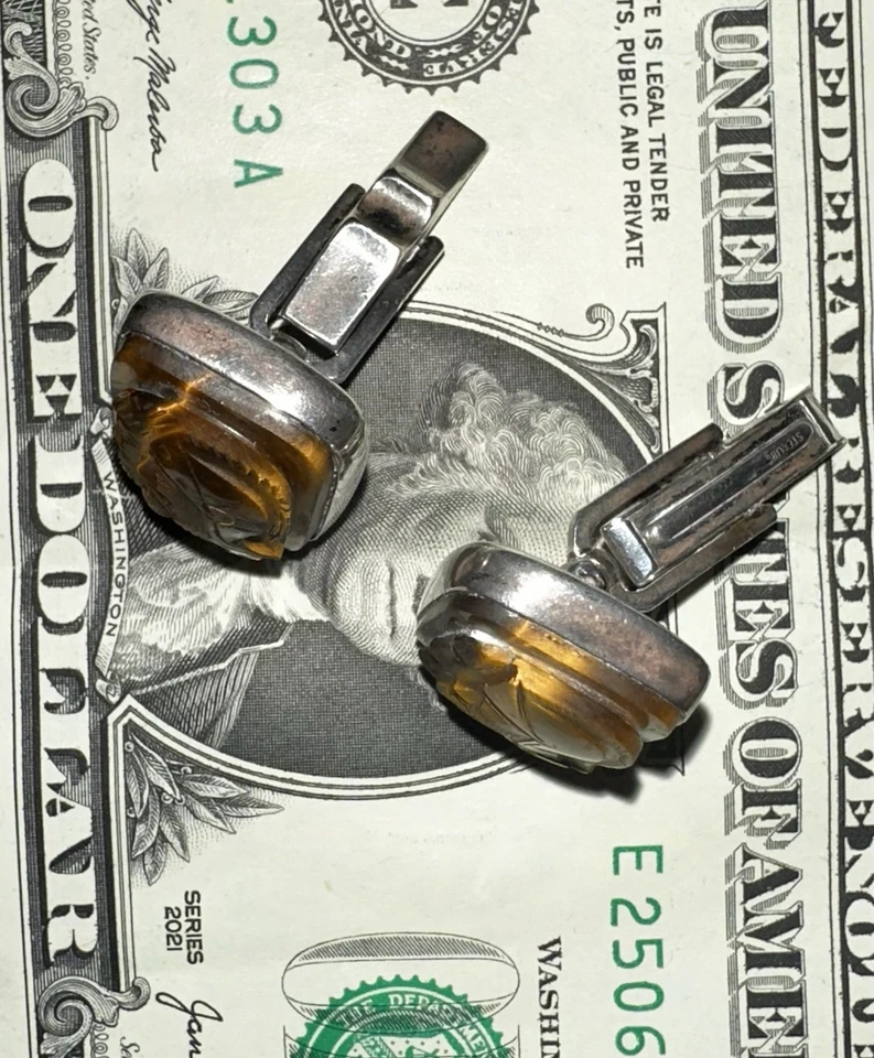 Art Deco Estate Carved Cameo Sterling Silver Spartan Unisex Cuff Links - Image 2 of 4