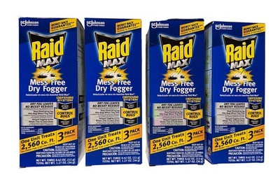 4 RAID MAX 3-PACK Total 12 TWELVE No Mess Dry Fogger Attack/Control/Prevent Bugs
