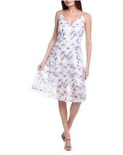 Adrianna Papell Purple Floral Embroidered Dress Size 10 faux pearl Straps