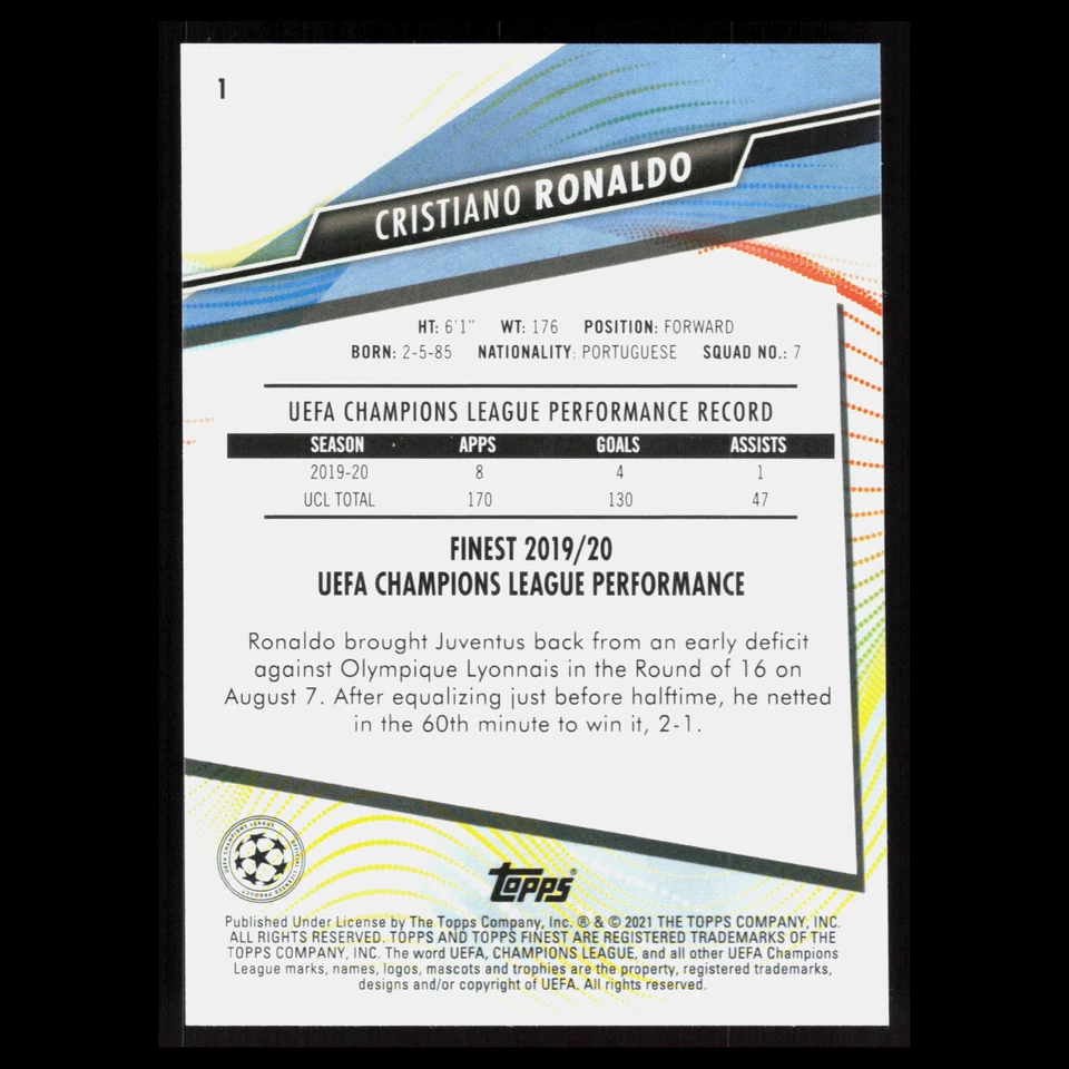 Cristiano Ronaldo #1 2021 Topps Finest UEFA Champions League Soccer Card - Image 2 of 3