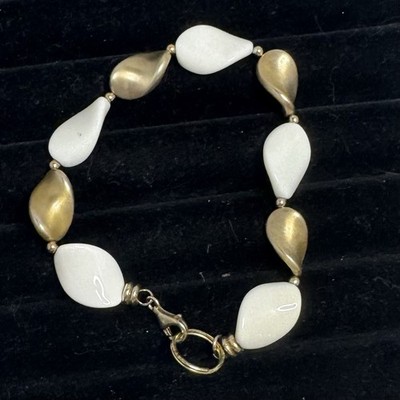 Vintage Jacmel Bracelet 18k Clad 925 Sterling Twisted White Agate And Gold Beads