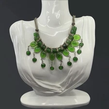 Vintage BOHO Bib Necklace GREEN GLASS Southwest Artisan Drop Dangle India Silver