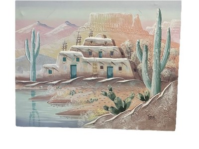 Orig Oil Painting 3DSculpture Southwestern Pueblo SceneSignedTeresa50X40