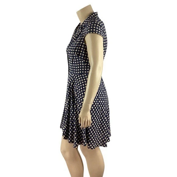 Vestido Camisa Shoshanna Seda Estampado Cuadrado Ajuste y Acampanado Azul Marino Talla 12 Foto 4 de 4