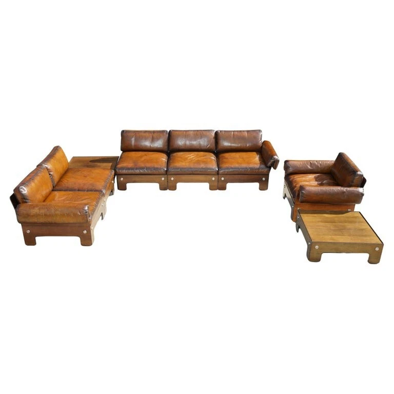 SIGURD RESSELL FOR VATNE MOBLER ROSEWOOD BROWN LEATHER SOFA ARMCHAIR TABLE SUITE
