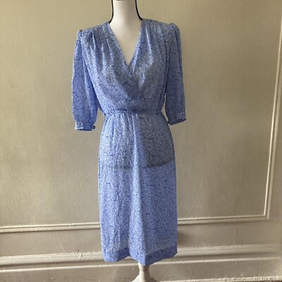 J.S.E California vintage blue faux wrap elastic waist 3/4 sleeve pull over dress