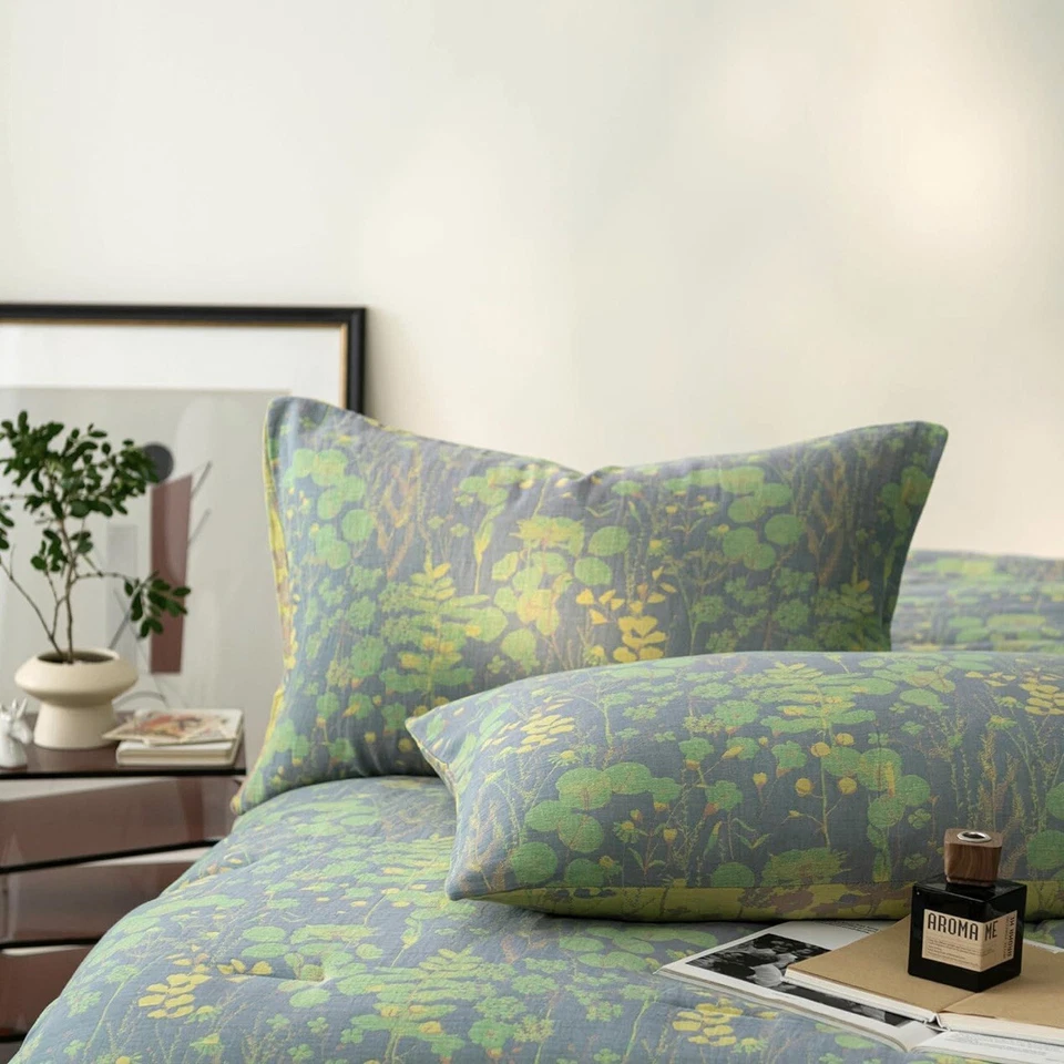 NUEVO Juego de Colcha Manta Falsa Anthro Azul Verde Floral Reversible King Size Foto 3 de 4