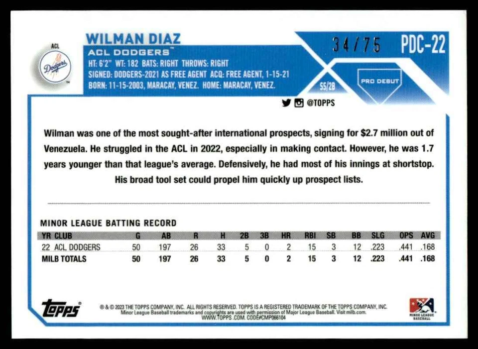 2023 Topps Pro Debut Chrome Wilman Diaz /75 ACL Dodgers #PDC-22 - Image 2 of 2