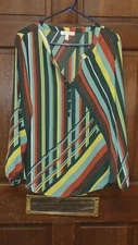 Chaus New York Long Sleeve Multicolor Striped V-Neck Shirt Top Blouse Size L
