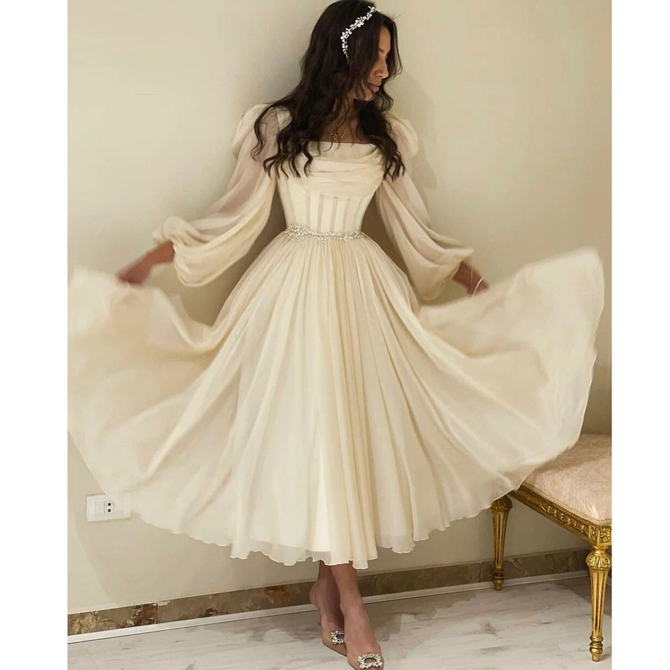 Elegant Chiffon Wedding Dress Short Tea Length Beaded Square Neck Bridal Gowns - Image 2 of 4