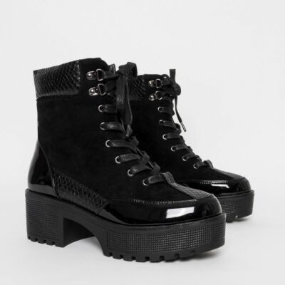 Sexy schwarze Damen-Kunstwildleder-Lack-Oberfläche Spitze vorne Stiefel 1'''' Plateau 2'''' Absatz