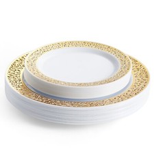 MATANA 40 Premium White Reusable Plastic Plate Set with Gold Lace Rim