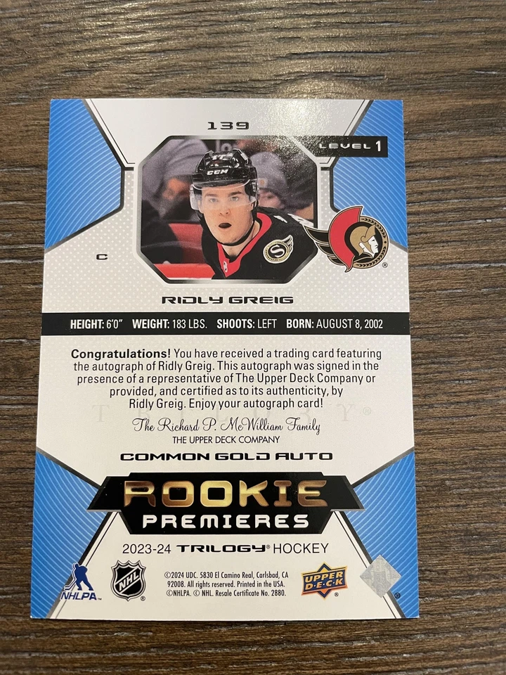 2023-24 Upper Deck Trilogy #139 Ridly Greig Autographs Gold #/249 - Image 2 of 2