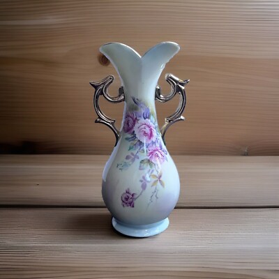 Vintage Lefton Japan Green Heritage Rose 6588 Hand Painted Two Handled Vase
