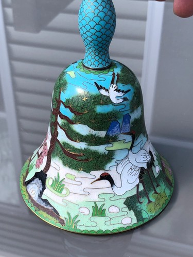 Vintage Chinese Cloisonne Bell with Red-Crowned Crane Birds 6-1/2" tall - Picture 5 of 8