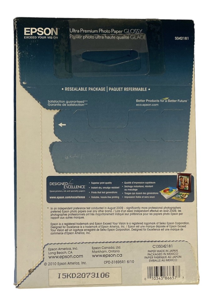 Epson 60SHEET 4X6 Glossy Ultra Premium White Photo Paper eBay