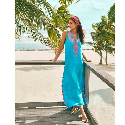 beach dress with pom poms Lilly Pulitzer Nolia Cover-Up Maxi Embroidered Pom Cotton XS 278960 Swimsuit