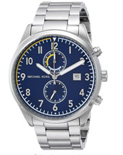 Michael Kors Men's Saunder Chronograph Silver Watch Blue Dial 43mm MK8574 Arabic