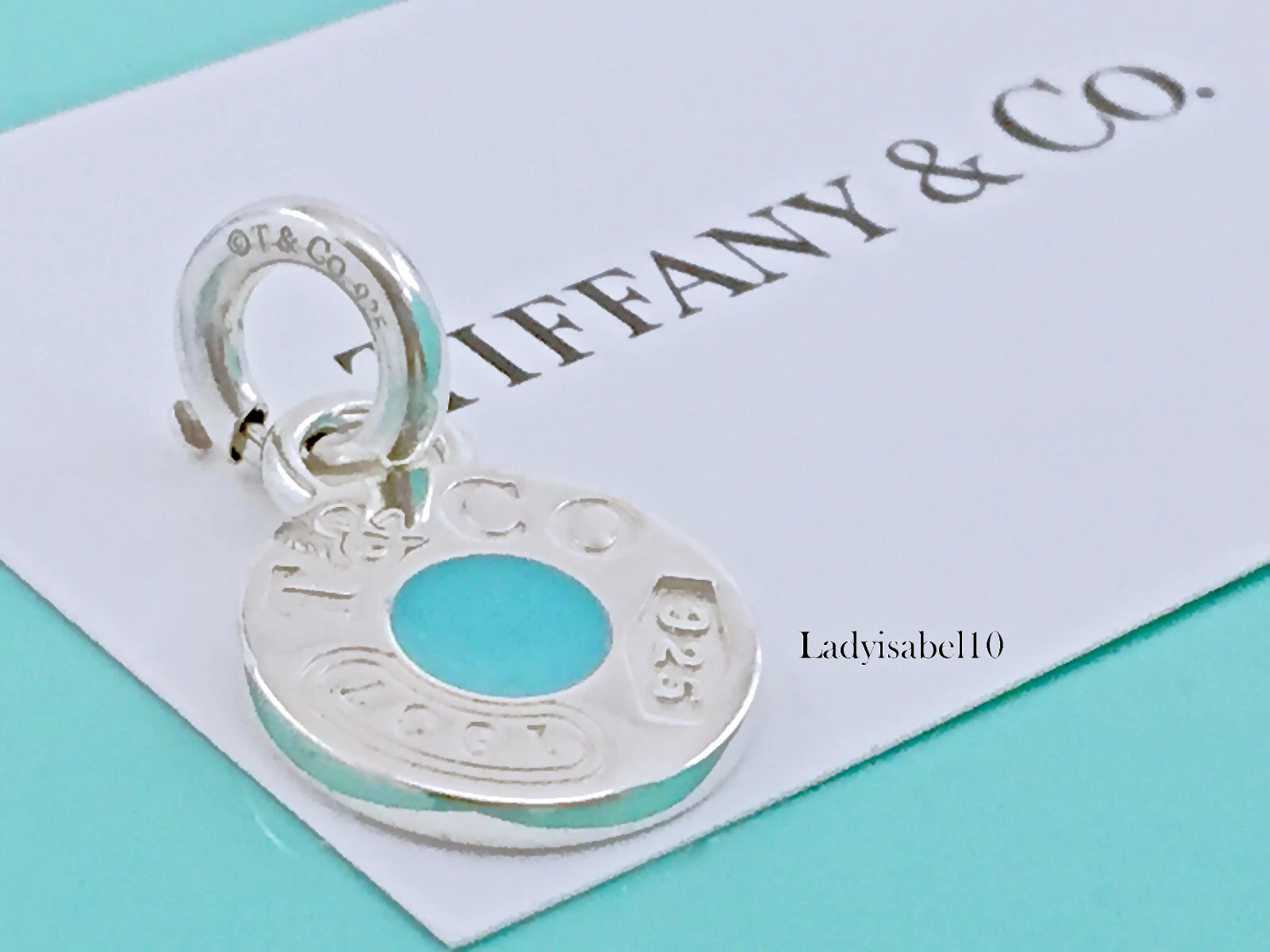 Tiffany & Co. 1837 Logo Circle Blue Enamel Charm w/ Spring Ring Silver w/ Pouch