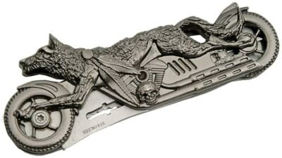 Folding Pocket Knife Wolf Motorcycle Rider -Skull on Side of Bike