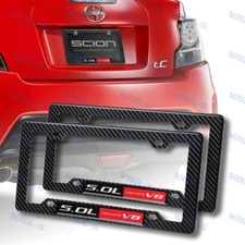 Carbon Look ABS License Plate Tag Frame Cover with 5.0L Coyote V8 Car Emblem X2