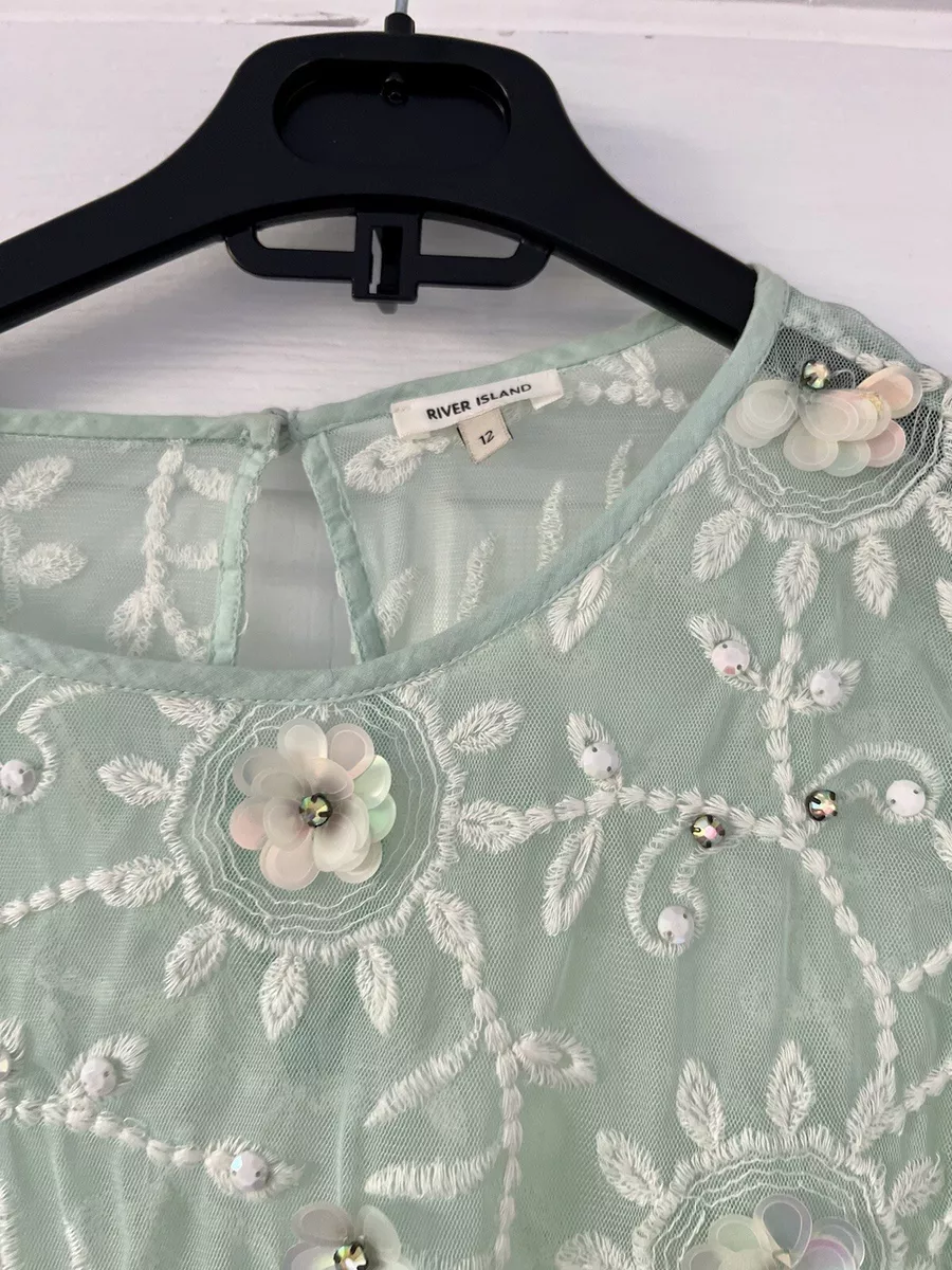 Women s River Island mint pastel green embroidered sequin top blouse size 12
