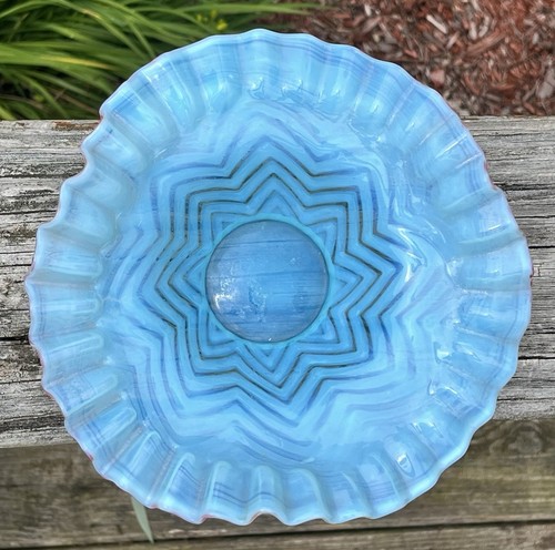 Scarce Northwood Blue Herringbone Opalescent Art Glass Bowl Red Edge - Picture 2 of 8