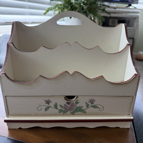 Vtg Wooden Letter Holder Painted Flowers Drawer2 Slots Organizer Cottagecore