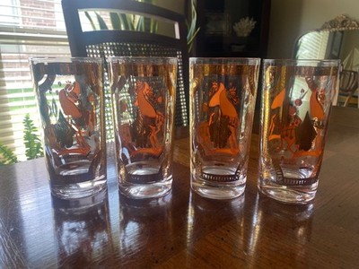 Fred Press Trojan Horse Highball Cocktail Glasses Set of 4 Orange & Gold 