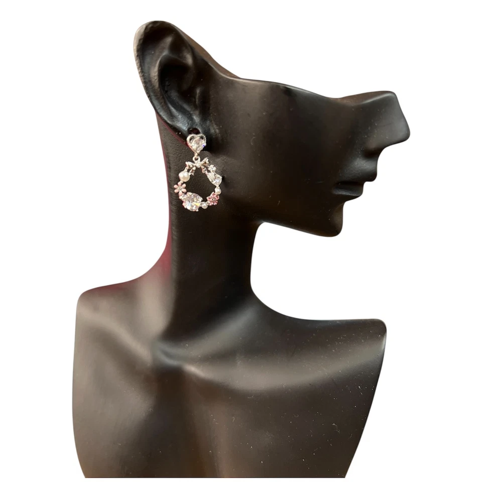 orecchini pendente argento 925 anallergico zirconi rosa fiore cuore perle - Immagine 2 di 4