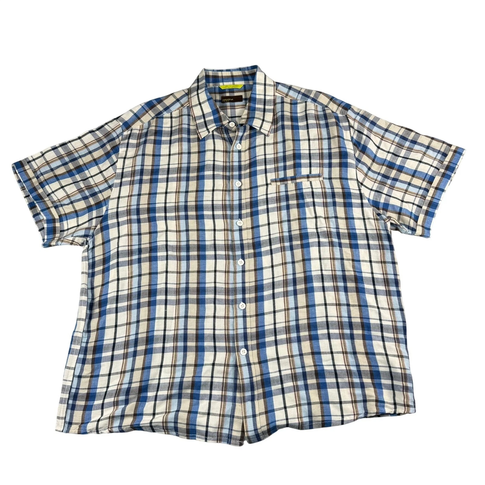 Havana Nines Mens XL Shirt Linen Blend Blue Plaid Short Sleeve Button Down