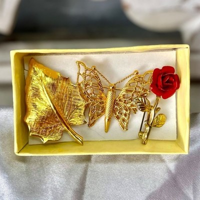 Vintage Brooches Nature Theme Set of 3 Gold Tone Monet + others