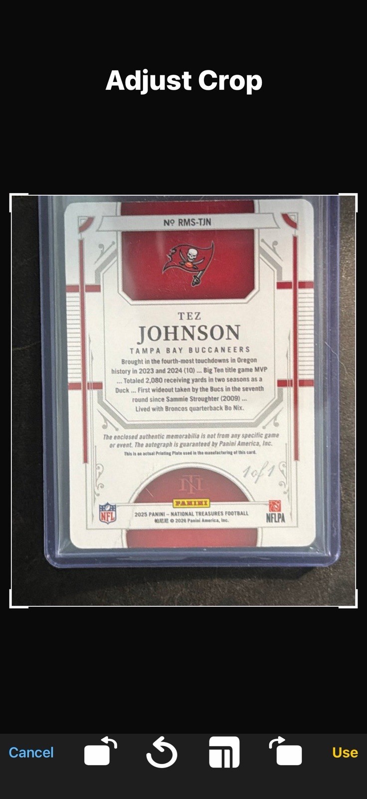Tez Bryant Bucs 1/1 RPA Laundry Tag Auto National TREASURES RARE FOOTBALL CARD view 2