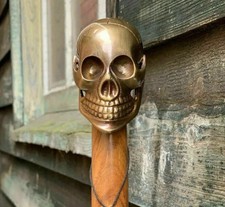 Antique Style Brass Skull Head Handle Designer Wooden Walking Stick Shaft Cane.
