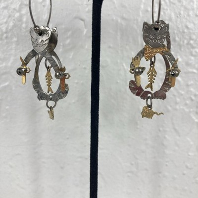 Cat Earrings Eating Fish Skeleton Fork Knife Mouse Silvertone Goldtone Dangle