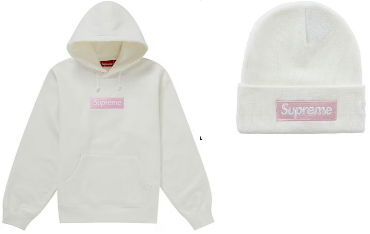 SUPREME BOX LOGO  WHITE/PINK Set HOODED SWEATSHIRT(Large) ++ BEANIE FW25