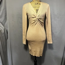Zeagoo Tan Medium Bodycon Dress Twist Front Ribbed Knit Long Sleeve Casual Beige