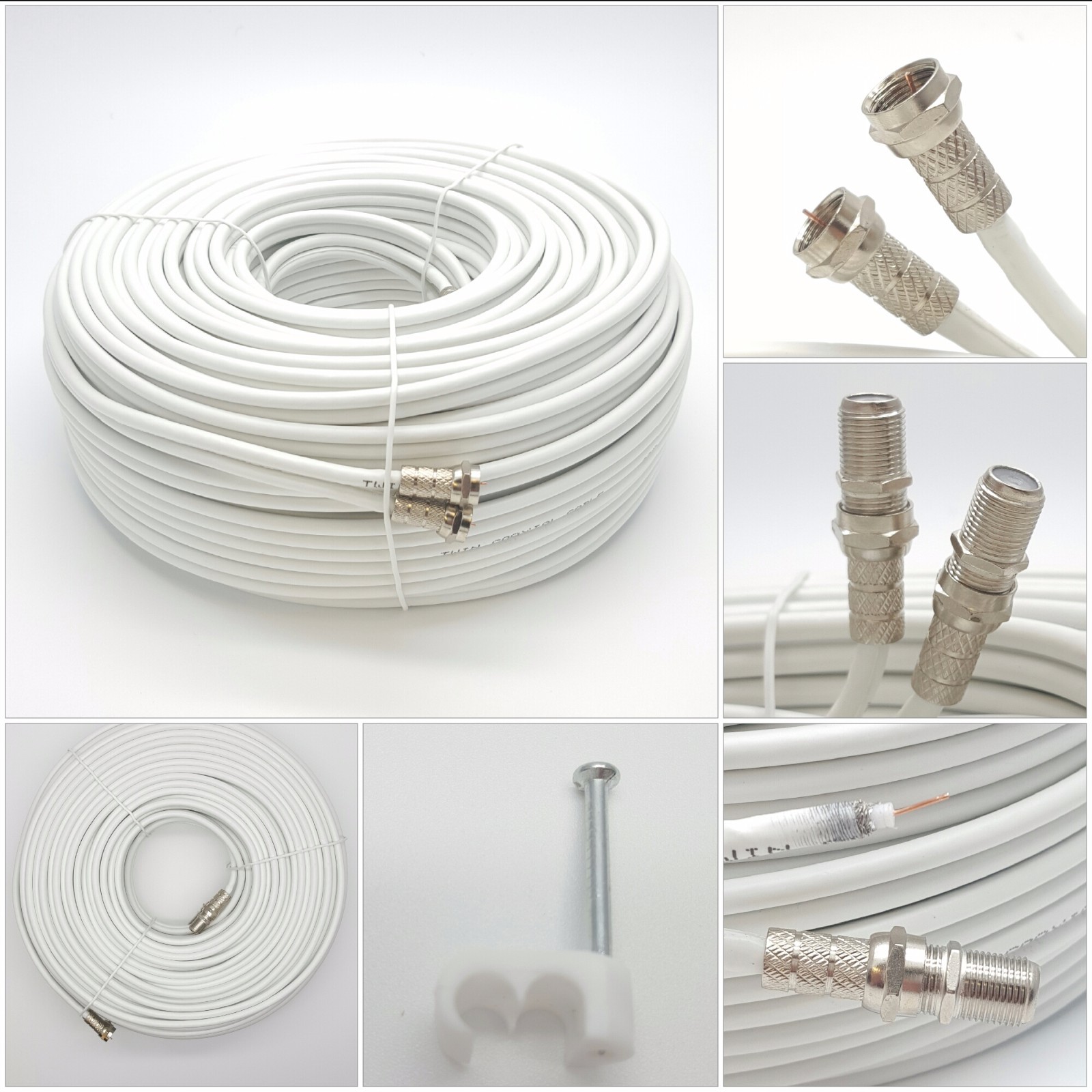 50m White Twin Satellite Shotgun Extension Coax Cable Lead For Sky + HD Freesat