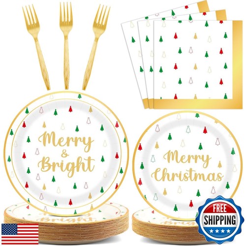 100 Pcs Christmas Paper Plates Napkins Party Supplies Merry Christmas and Tre