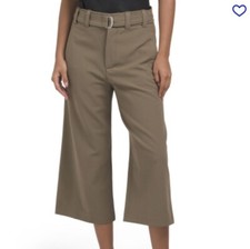 Zara Culotte Pants Size Medium High Rise Cropped Green Khaki Wide Leg Belted NWT