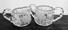 Vintage Cut Glass Double Handled Open Sugar Bowl & Creamer Set Wheel Cut Daisies