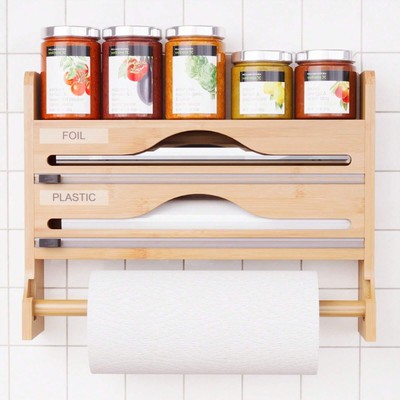 Bamboo Plastic Wrap Dispenser, Aluminum Foil Dispenser With Paper Towel Holder