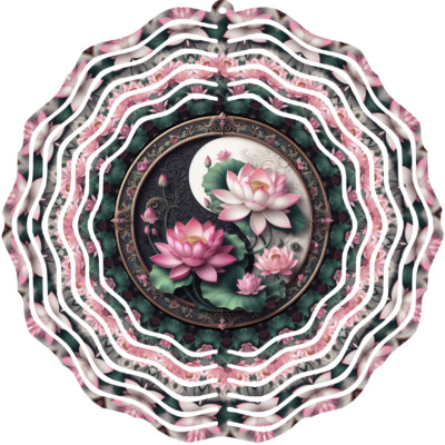 Yin Yang Lotus Flower Wind Spinner 10'' Metal Garden Decor Zen Spiritual 3D Art