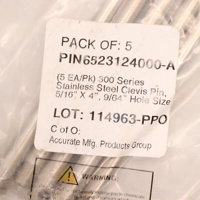 ACCURATE MANUFACTURING PRODUCTS GROUP (5-Pk) 300 Series Clevis Pin Stainless 5/16" x 4" 9/64" Hole PIN6523124000-A