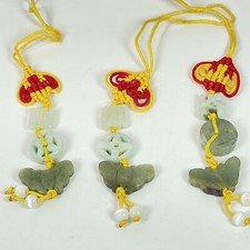 3PC Hand Carved Natural Jade Butterfly Pendant Knotted Cellphone Car Charm Strap