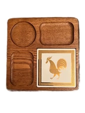 Vintage Mid Century Modern Wooden Cheese/Snack tray with gold rooster tile
