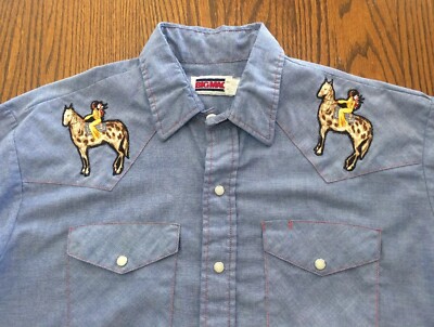 Vtg Big Mac Chambray shirt L snaps Native American Patches western USA made Blue